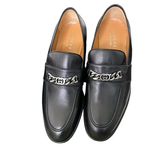 GUCCI Men's Chain Calf Black Leather Loafer, 739774, Gucci 11 - Picture 1 of 16